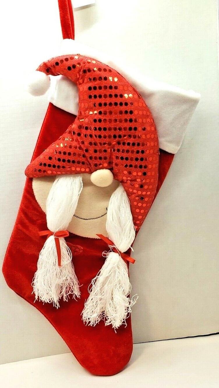 New 22" Velvet Christmas Stocking Girl Gnome with Pig Tails and Hearts 3D